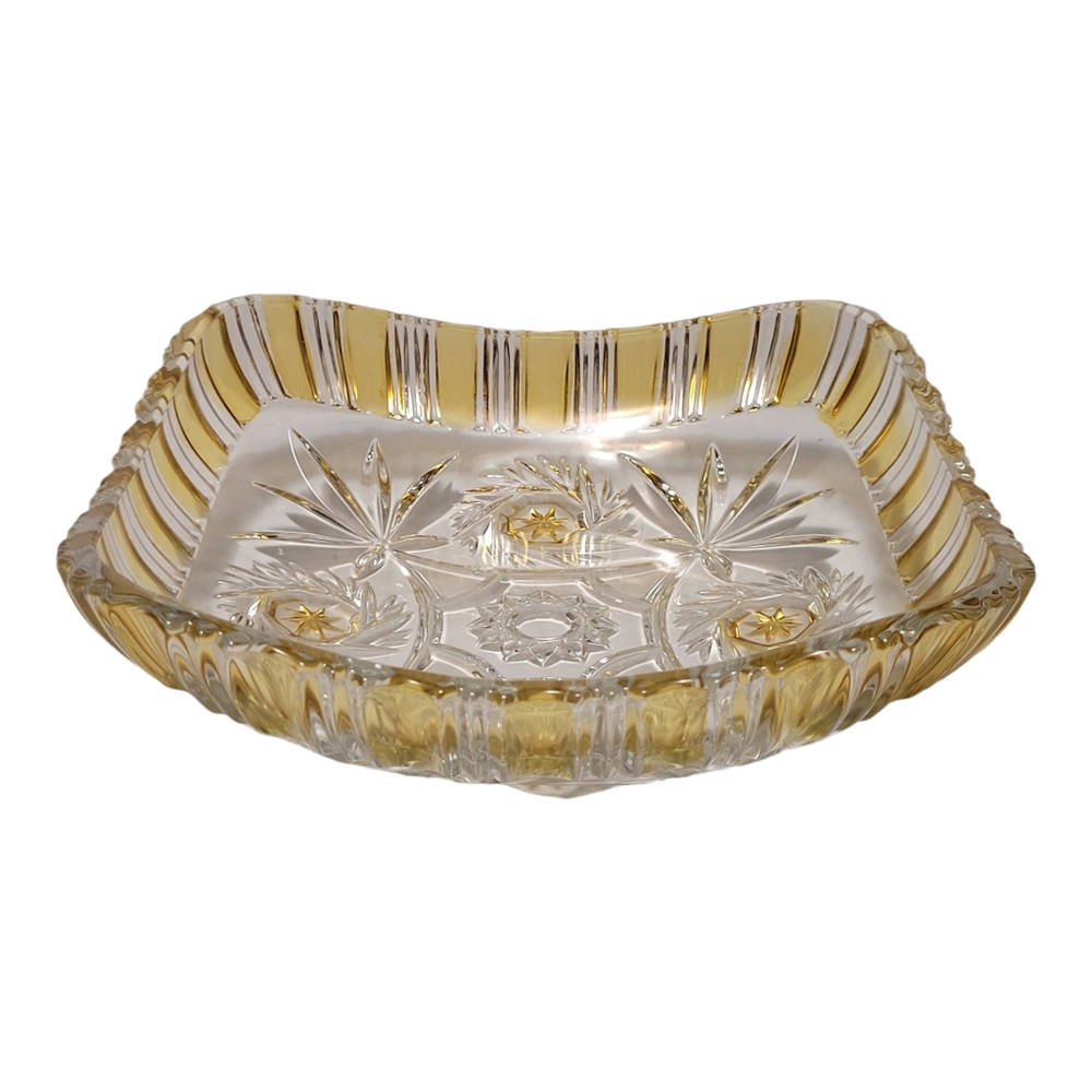 Vintage Walther Crystal Clear Yellow Cut Glass Square Centerpiece Bowl